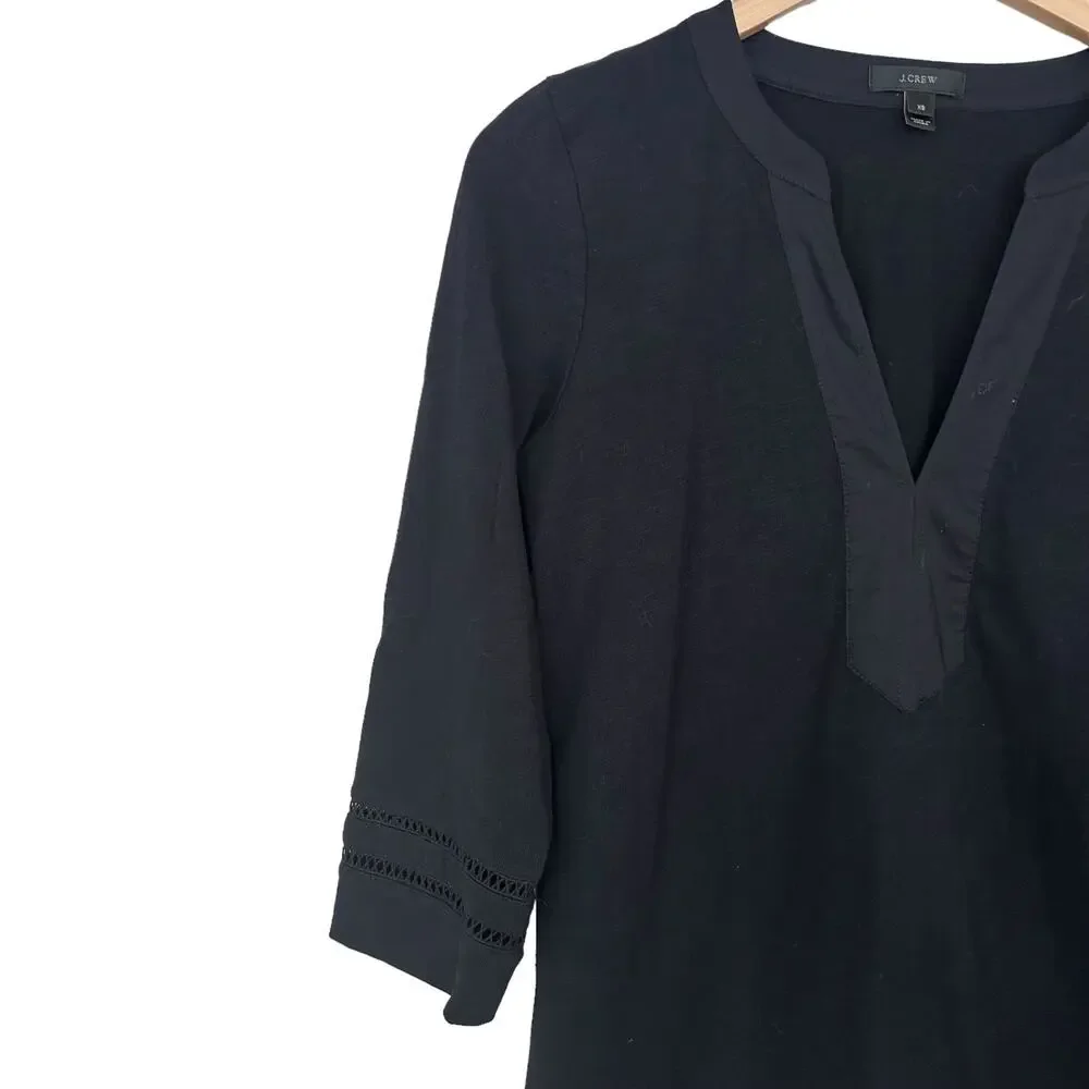 J. Crew Black Split Neck 3/4 Sleeve Tunic Shirt Sz XS
